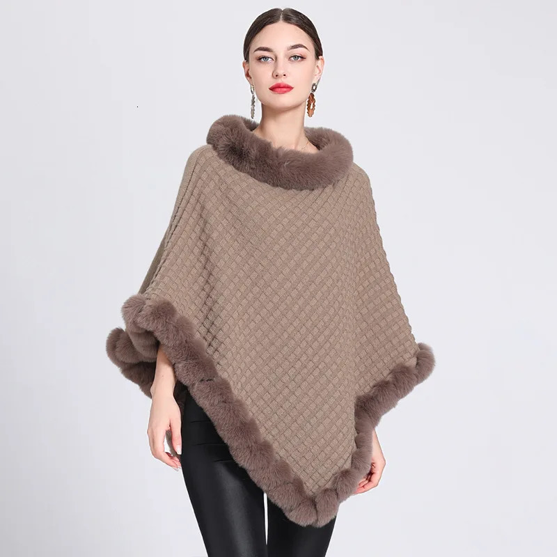 Fashion Plaid Stripes Faux Fur Pullover Cape Coat Women Autumn Winter Knit Poncho Cloak Wraps Travel Leisure Party Shawl 250729