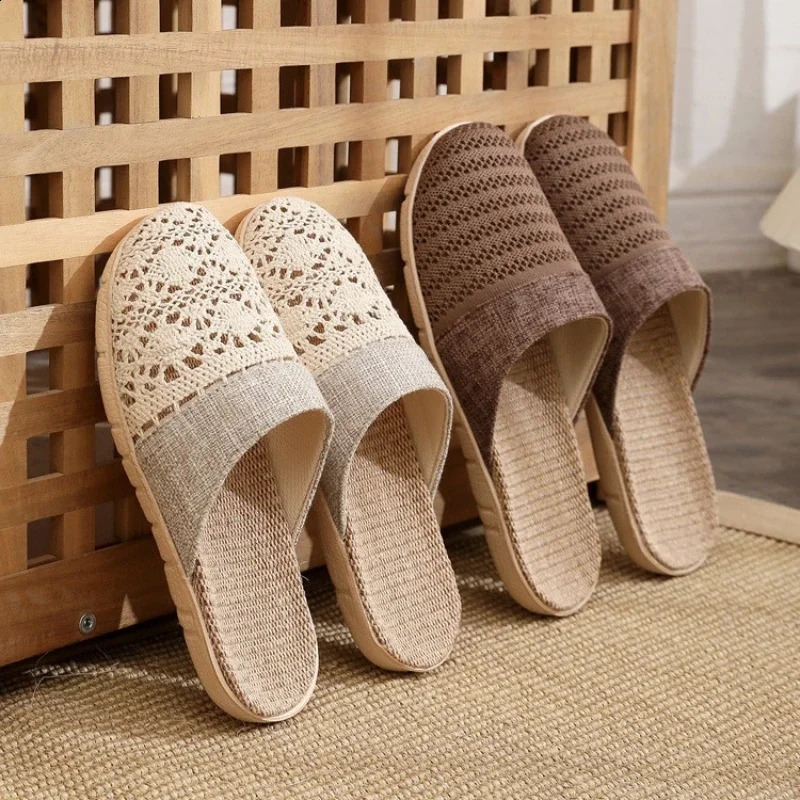 Women Indoor Linen Slippers 2025 Spring Summer Shoes Anti-slip Light Weight Breathable Lace Couples Home Floor Slides 250725
