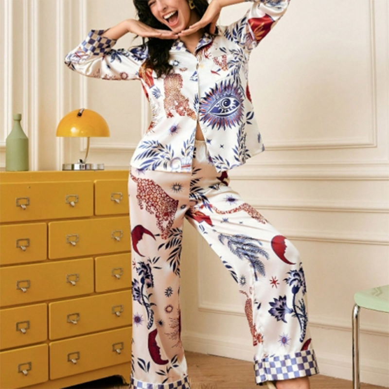 2025 New Women's Spring and Autumn Silk Color-Printed Long-Sleeved Long Pants Pajama Set Homewear