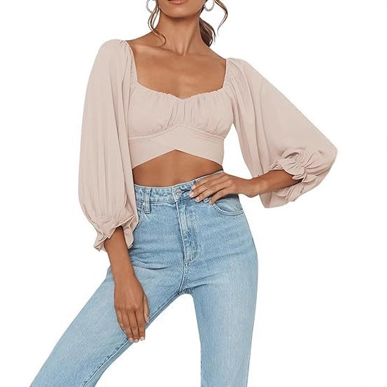 Spring and Autumn New Women s Short Top Cropped Sexy Elegant Tie Elegant Square Neck T Shirt