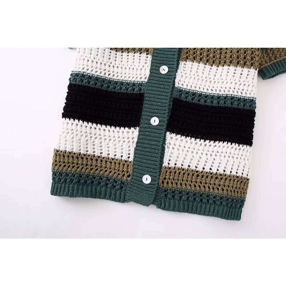 Designer Clothing 2025 Aoaiiys Striped Knitted Women's Short Sleeve Sweater Turn-Down Collar Fashion Single Breasted Elegant Summer Cardigans