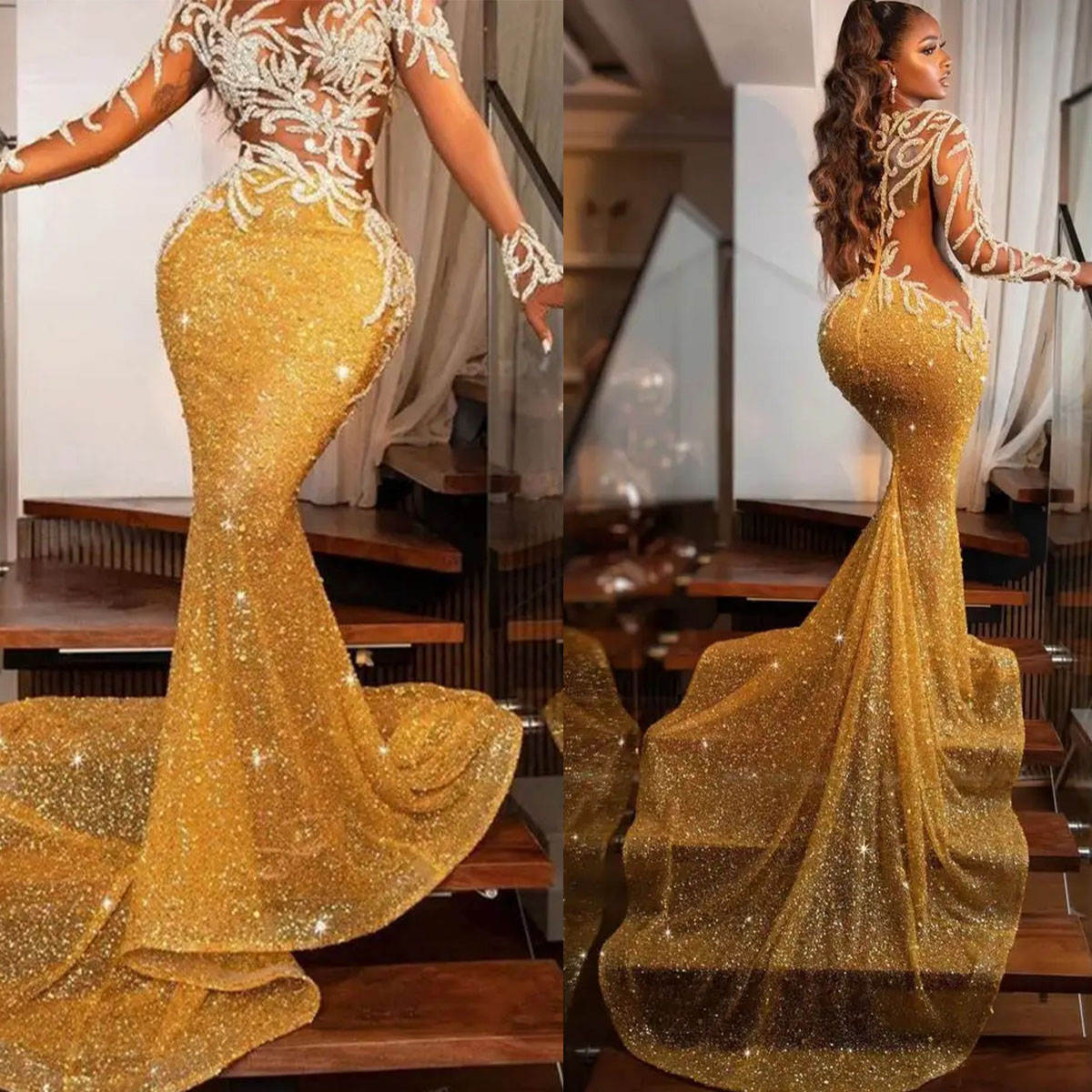 Exquisite Mermaid Prom Dresses Long Sleeves Customized Evening Dresses Crystal Sheer Jewel Neck Special Occasion Dresses