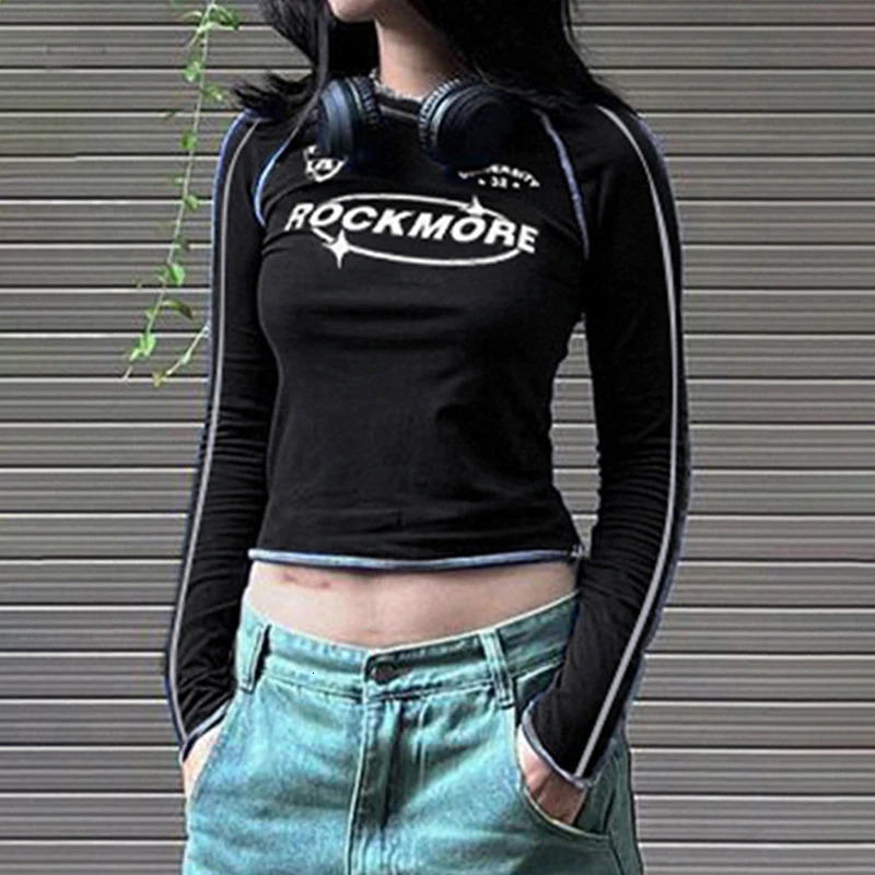 TShirt Women Spring Black Fashion Streetwear Long Sleeves ONeck Crop Top Print Letter Casual Slim Female Tees 250730