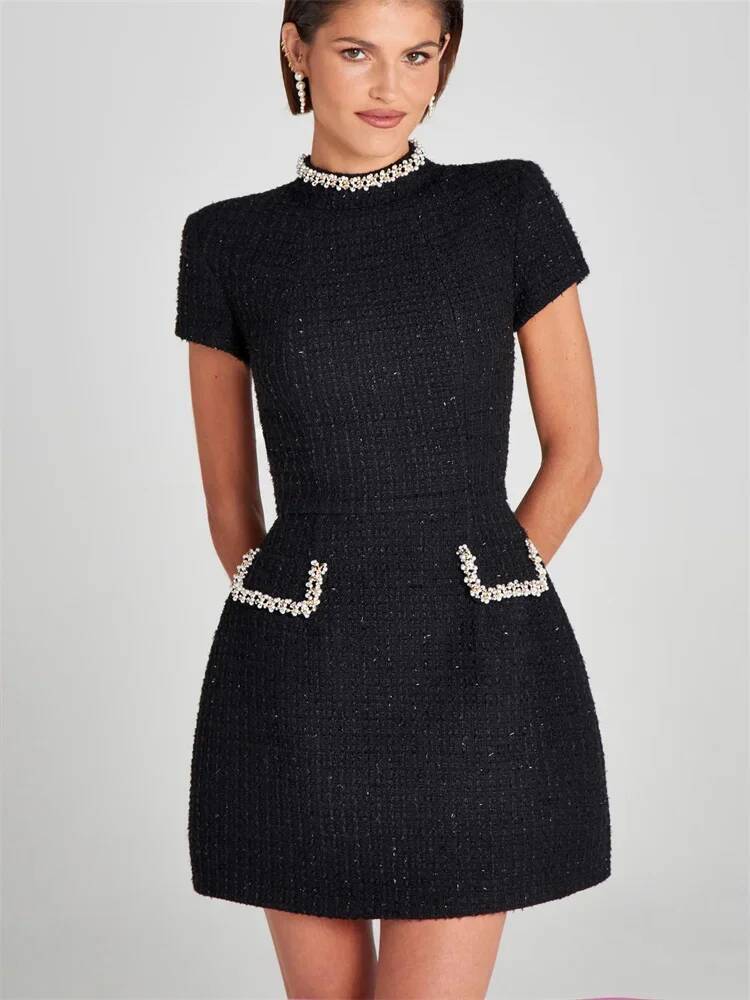 Shiny Elegant Female MIni Pocket Short Sleeve Patchwork Fashion Slim Party Gown Women's Glitter Vntage Dress dongdumaoyi