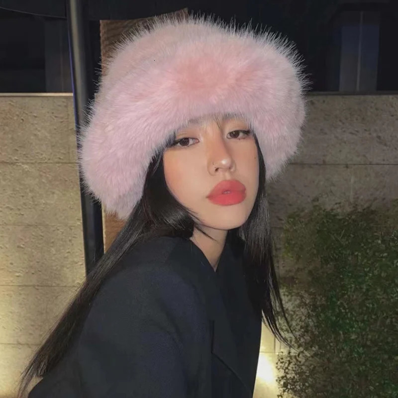 Y2K Fluffy Faux Fur Bucket Hat Women Rabbit Fur Warm Thick Plush Winter Hat Lady Fashion Party Panama Fisherman Cap 250724
