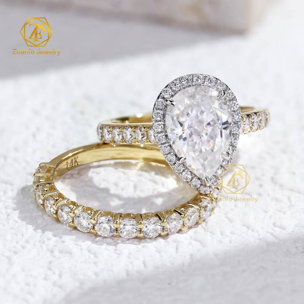 Romantic Women Fine Jewelry Ring Set 2ct Pear Cut 14k Solid Gold Moissanite Halo Ring Set for Wedding Engagement