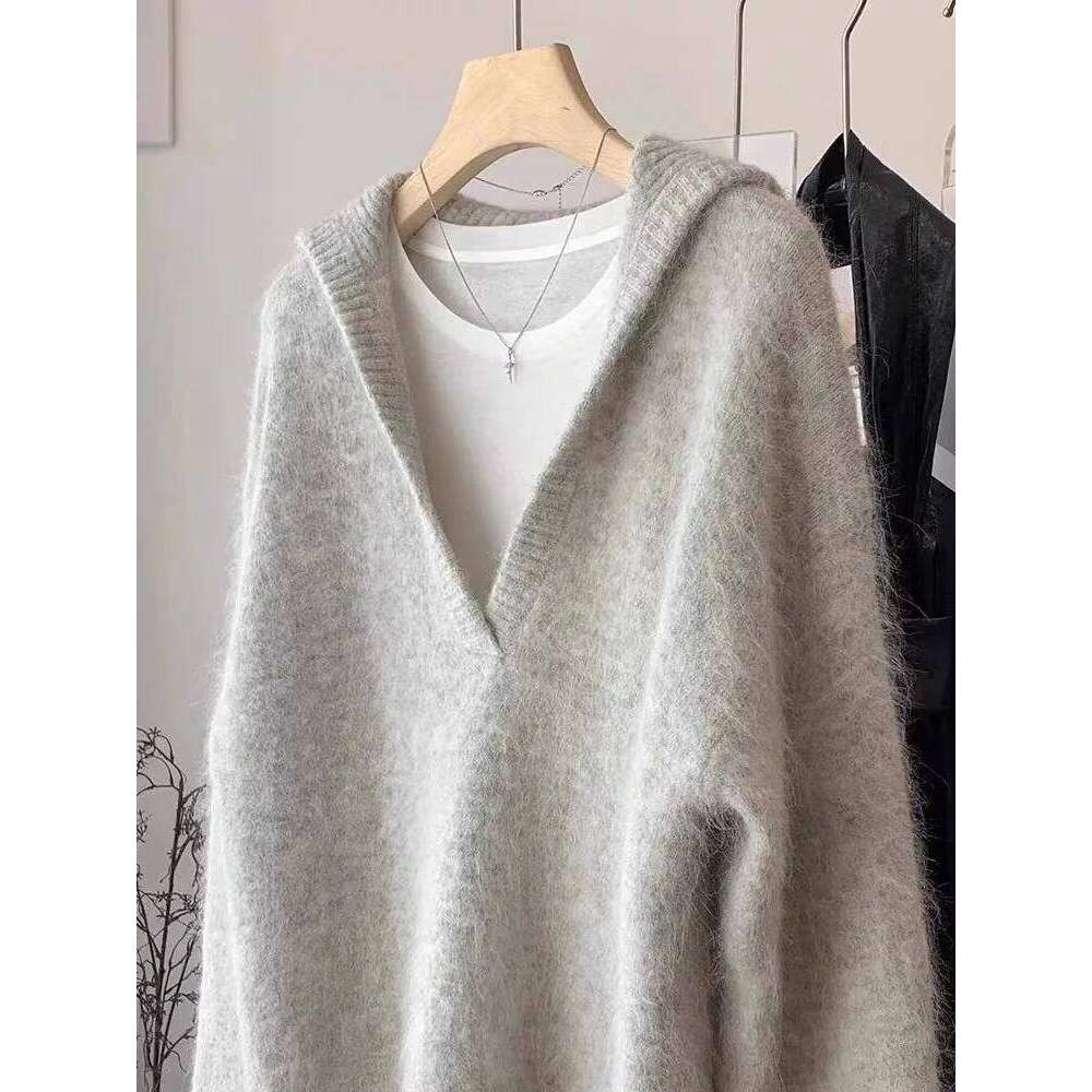 Advanced Gray Alpaca Wool Sweater Women's Autumn And Winter Big Collar V-Neck Fluffy Loose Casual Top 250728