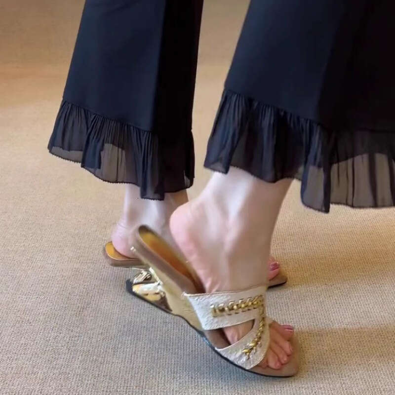 Sheepskin Version~ Wedge Woven Square Toe Slippers for Women Summer Outdoor Elegant Style Comfortable One-Strap High Heel Sandals