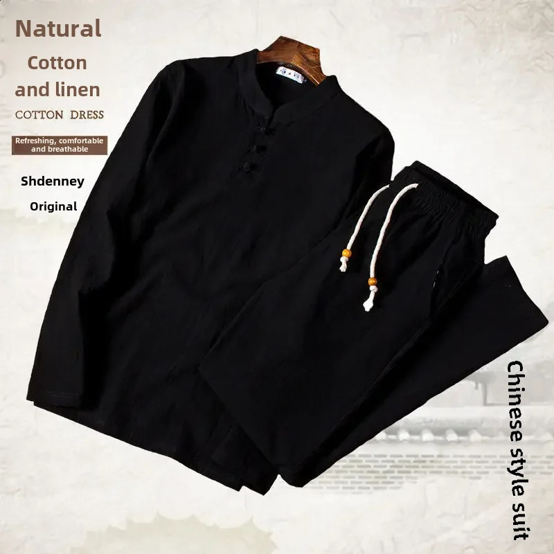 Mens Loose-fit Linen Suit for Middle-aged and Senior Citizens Long Sleeve Spring Autumn Trousers Father-Son Style Cotton Linen Suit 250725