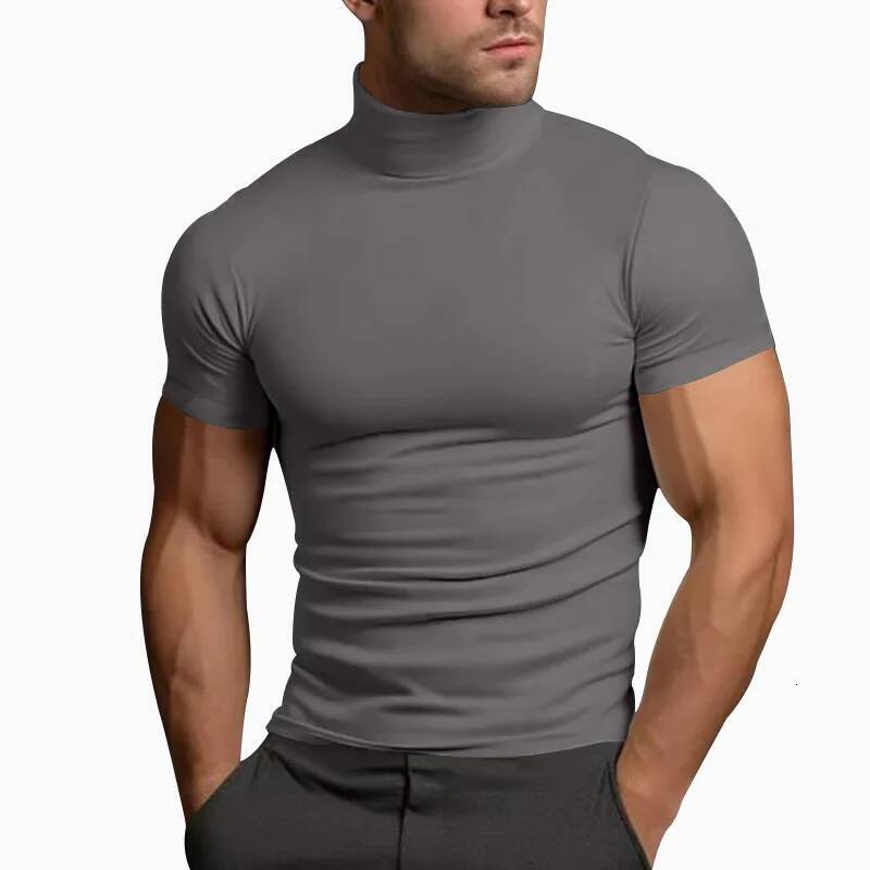 Cross-border 2025 summer solid color short-sleeved fashion bottoming shirt men's tight turtleneck T-shirt