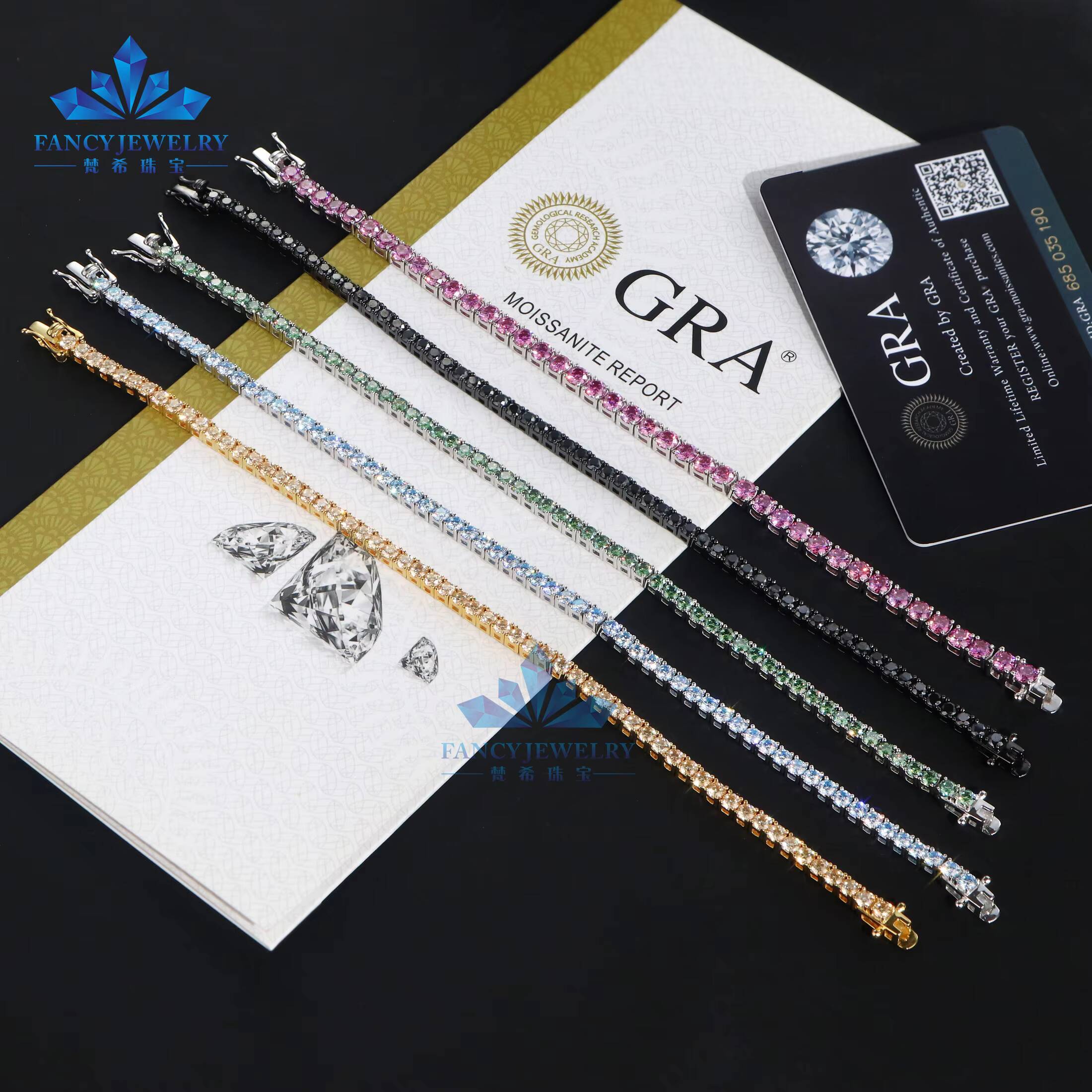 Iced Out Pink Black Yellow Green Blue Moissanite Colorful 3mm Moissanite Diamond Tennis Chain Tennis Bracelet for Women Men