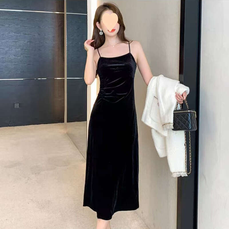 New Velvet for Women, Autumn and Winter, Spaghetti Strap, Slit, Inner Layer, High-Value Mid-Length Little Black Dress