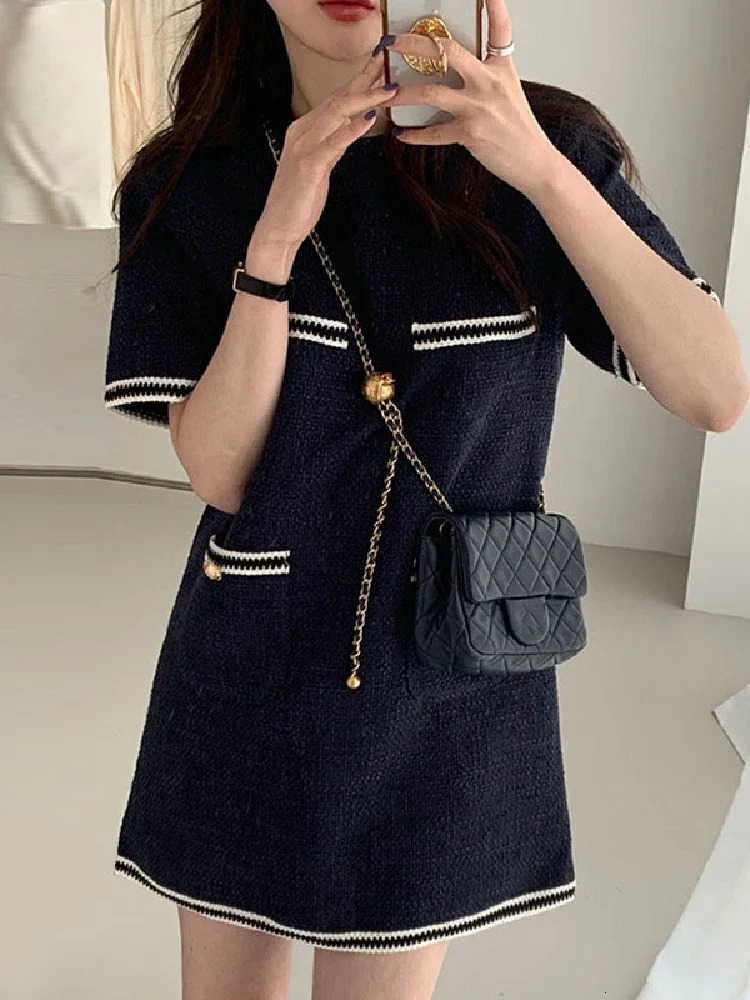 Women Dresses Korean Chic Summer Simple Round Neck Contrast Color Trim Pocket n Loose Shortsleeved Tweed Dress Women 250731