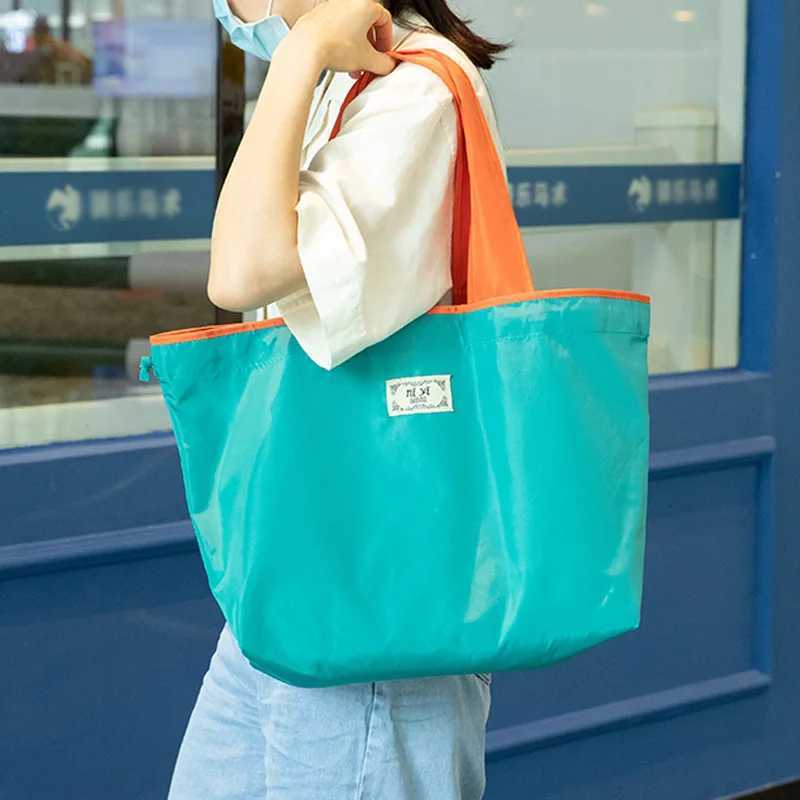 Large Drawstring Eco-friendly Supermarket Shopping Bag Fashionable Shoulder Bag Foldable Portable Tote Bag Waterproof Grocery Ba Y250730