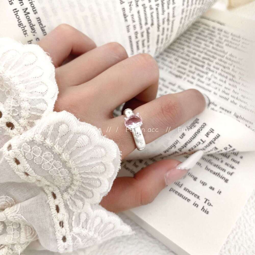 Meteor Silver White Brushed Pink Zircon Korean Style Exquisite Gentle Open Ring Niche Fashion High-end Design Jewelry c43