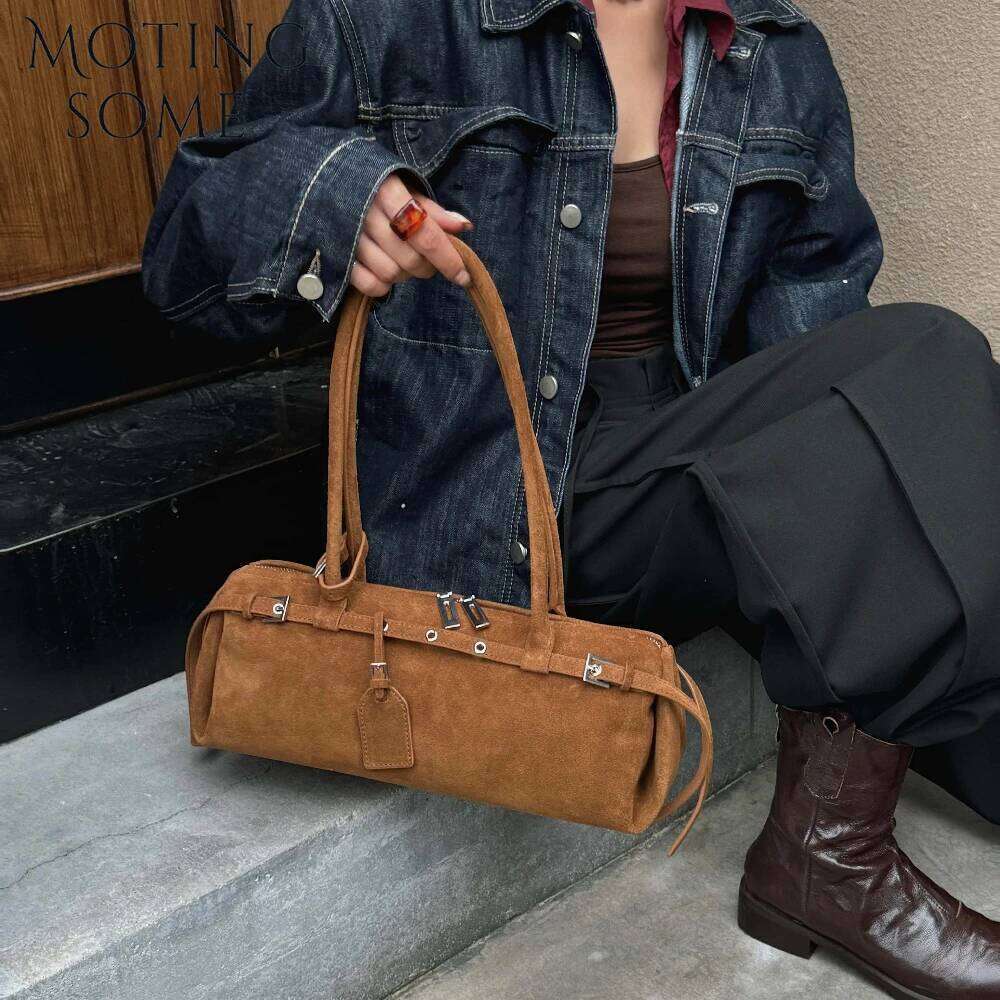 Motingsome Designer Bags Suede Genuine Grade Women Satchel Retro French Bread Shape Messenger Tote 2025 New in Handbagluxury bag tote bag