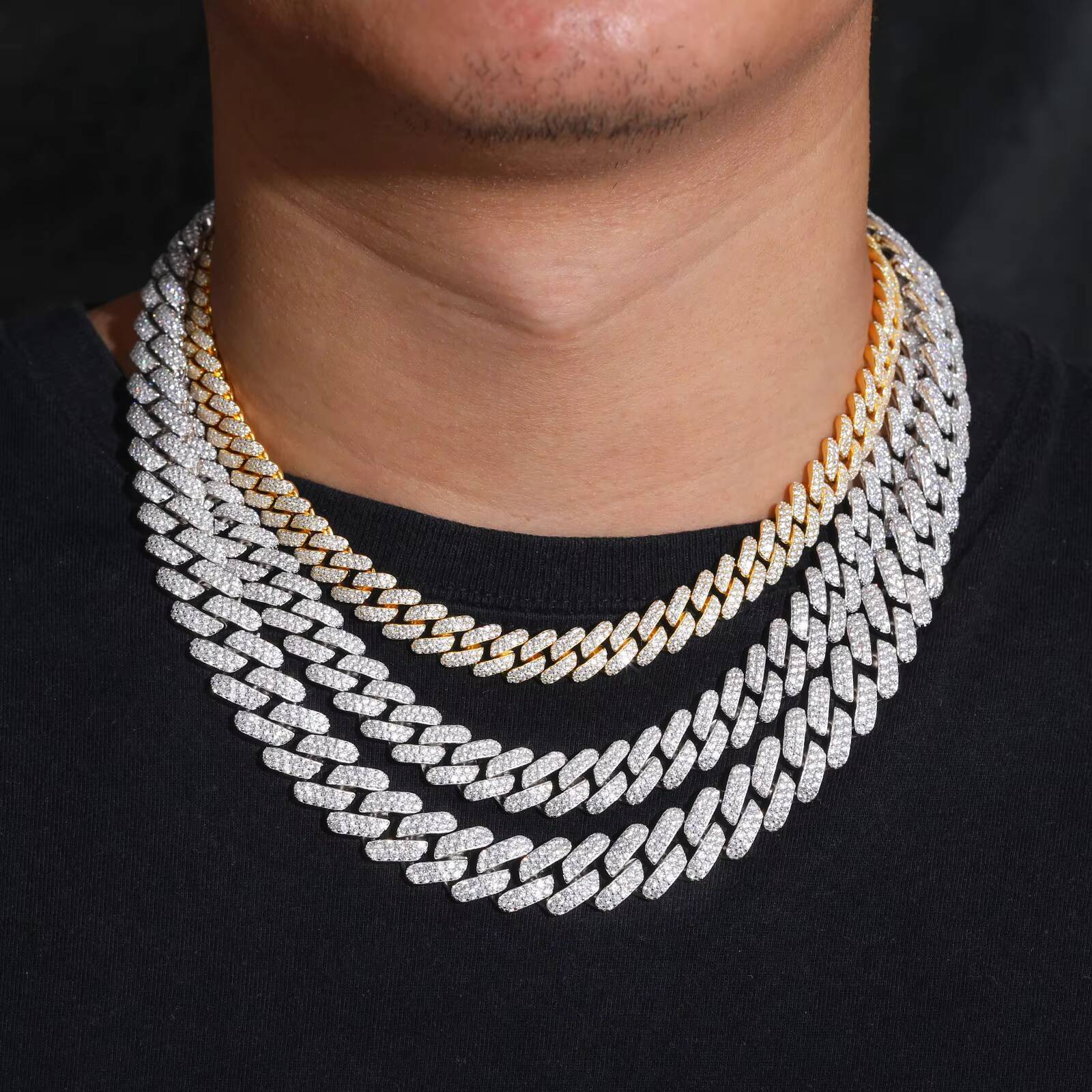 Denser and Thicker 10mm 12mm 14mm 925 Sterling Silver VVS Moissanite Diamond Iced Out Cuban Link Chain Necklace Hip Hop Jewelry