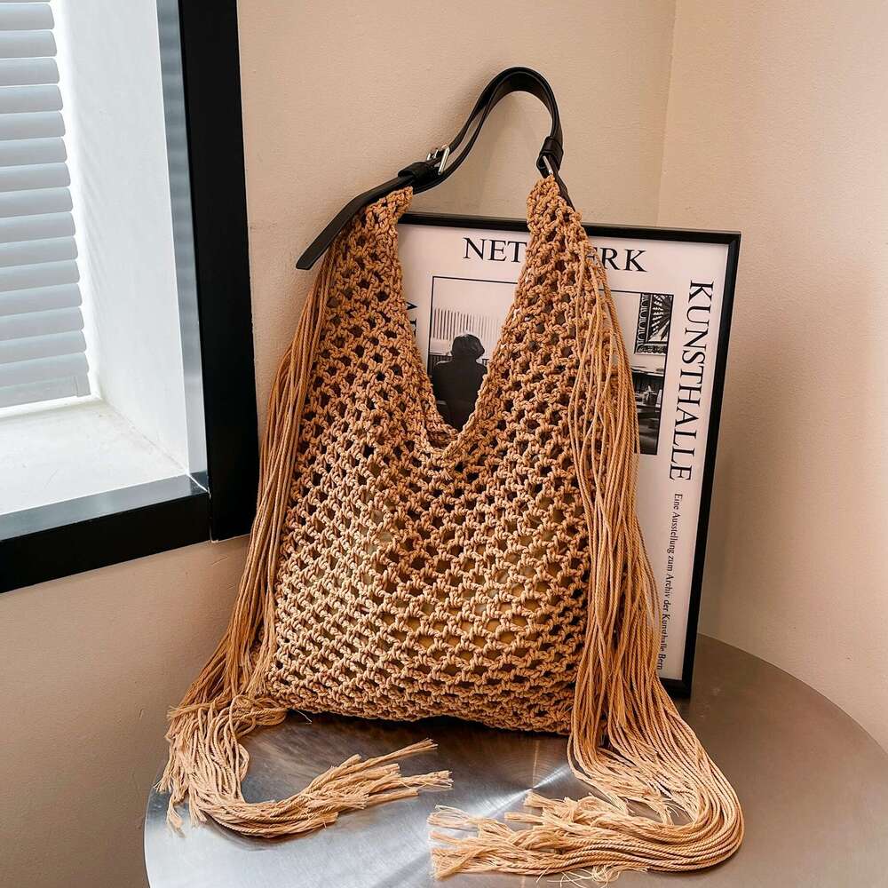 Outdoor Beach Bag Brown and yellow hand woven shoulder bag with tassel decoration and hollowed out handbag for summer fashion and casual women's 