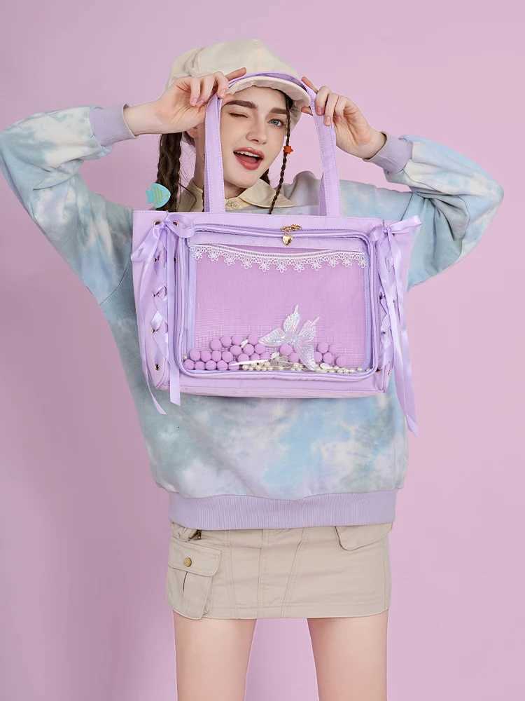 Japanese Large Capacity Satin Ribbon Ita Bag Sweet Anime Transparent Tote Bag Lolita Shoulder Bags Clear Pvc Handbags Y250730