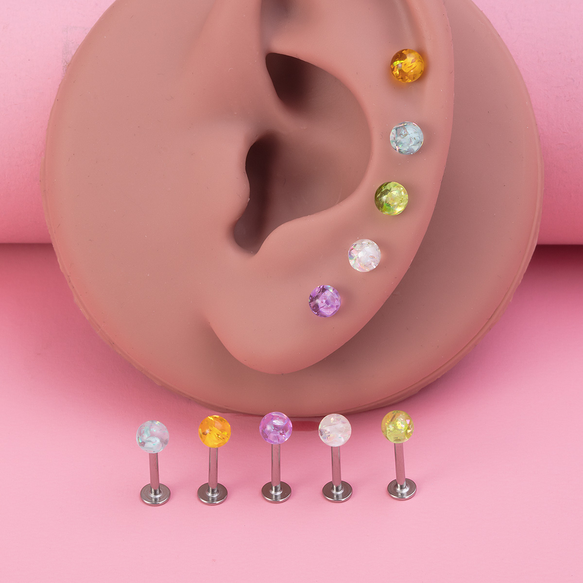 Aobao glitter lip studs, stainless steel ear studs, flat bottomed body piercing jewelry, ear ring wholesale