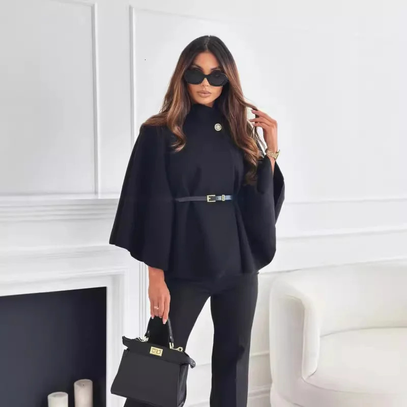 Autumn Winter Women Single Buckle Batwing Sleeve Coat Elegant Lady Cloak Cape Woolen Tweed Poncho Thick Warm Loose Outwear 250731