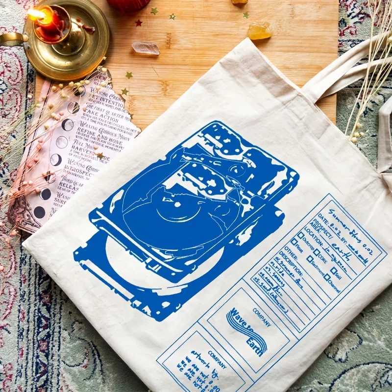 Wave To Earth Summer Flows Pattern Retro Record Graphics Canvas Tote Bag Reusable Shopper Bag For He And She Canvas Top Bag G250729