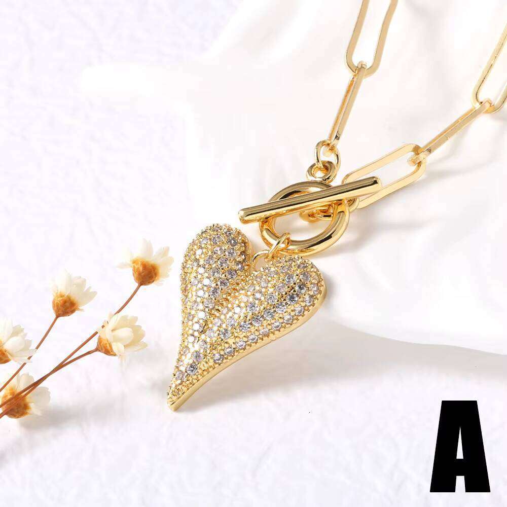 European American Popular Heart-Shaped Cross-Border Necklace Full Zircon Water Drop Sweater Chain Nky26 Jewelry-Gold Brass Cute