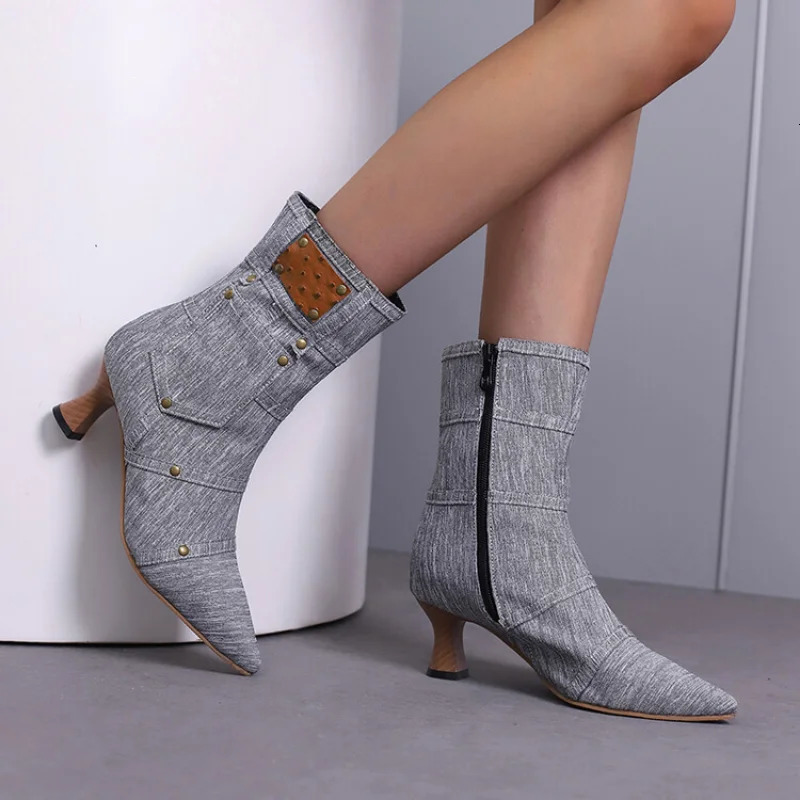 LeShion Of Chanmeb Big Size 48 Women Blue Denim Jeans Boots Spike Heels Zipper Pocket Punk Rivets Short Boots High-heeled Shoes 250729