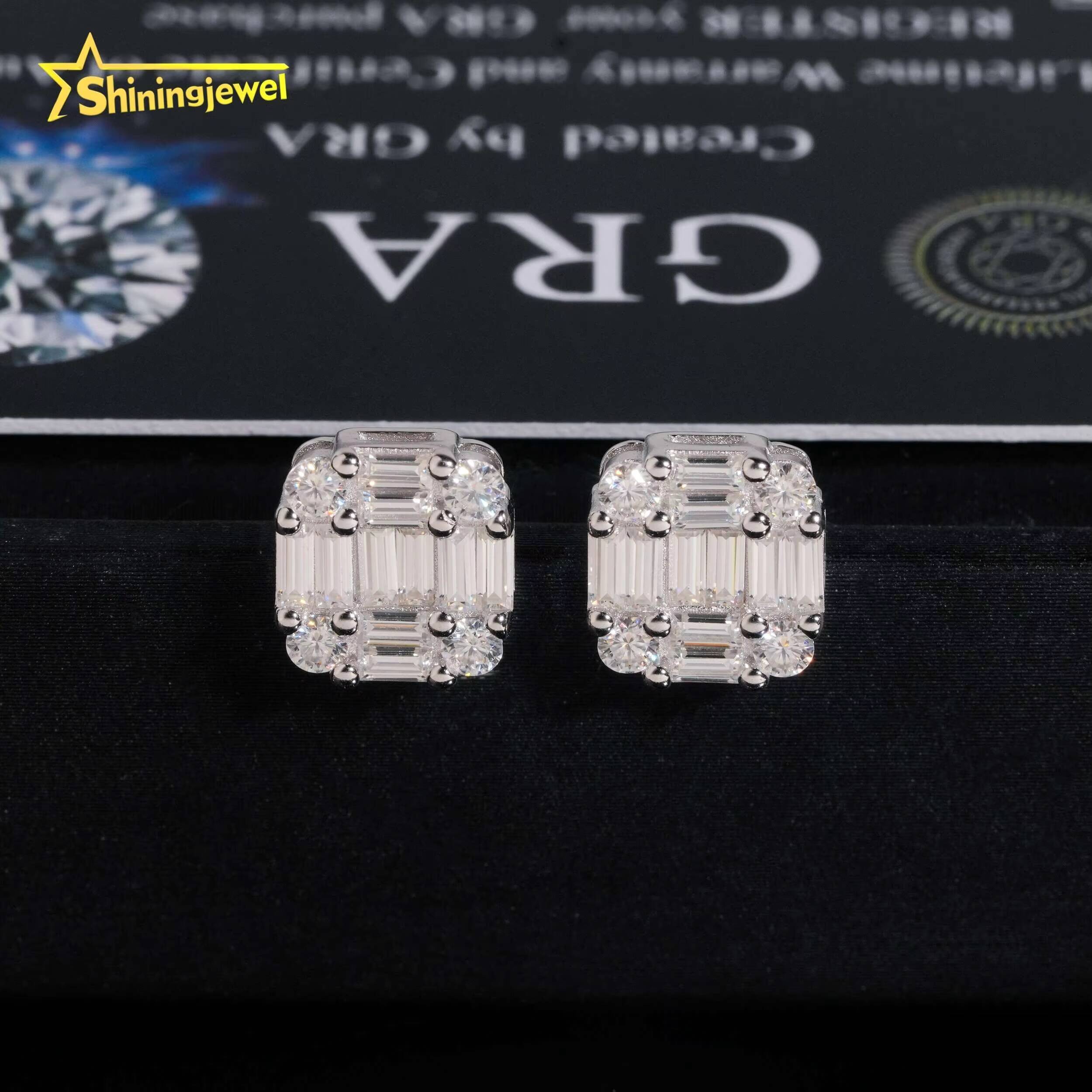 New Arrival Hip Hop Design Baguette Diamond 925 Sterling Silver VVS Iced Out Moissanite Stud Earrings for Men