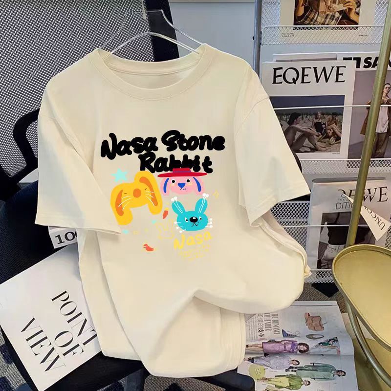 2025 white loose short sleeved women's T-shirt new pure cotton cartoon design European plus size half sleeved top new designer T-shirt