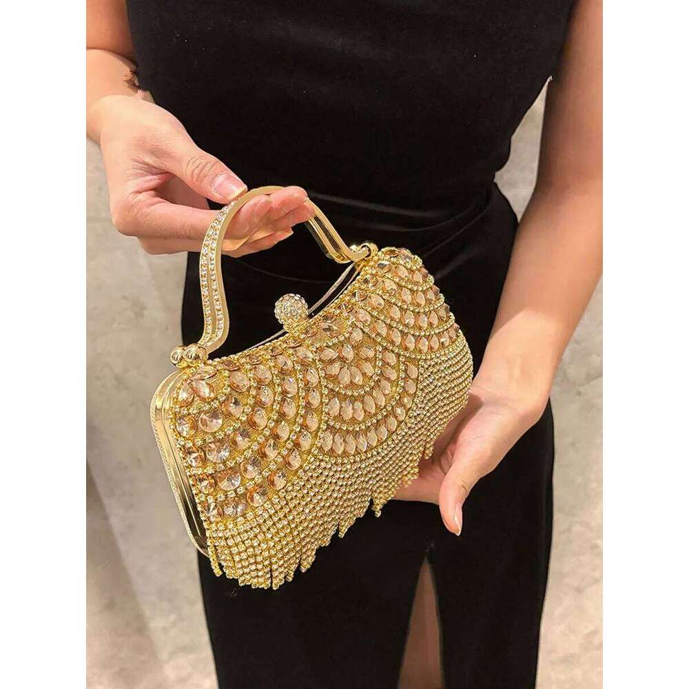 Dia Evening Clutch Bag Golden Tassel Handbag Boutique Novelty Metallic Rhinestone Purses And Handbags Bridal Wedding Party