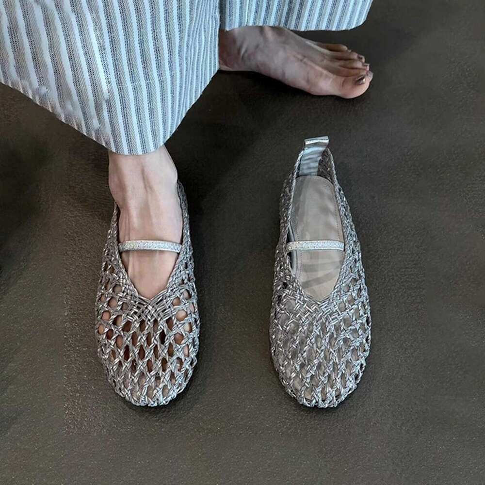 French Style Silver Woven Hollow Breathable Niche Flat Sandals Summer Shallow Mouth One-Strap Round Toe Single Shoes for Women