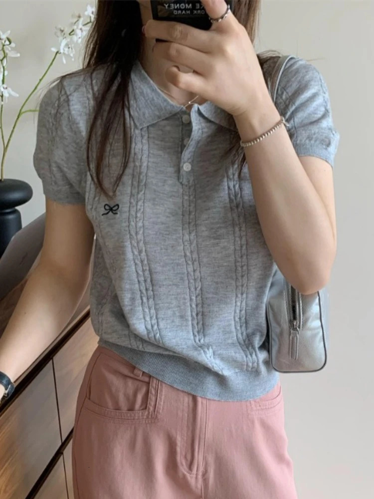 AOSSVIAO 2025 Summer Korean Fashion Slim Polo shirt Knitted Short Sleeve Tshirt Sweet Bow Embroidered Women Tops 250729