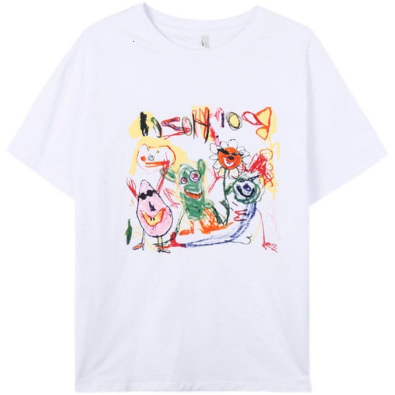 2025 summer new Korean style loose cotton short sleeved T-shirt for women, graffiti printed casual versatile top, base shirt, fashionable new designer