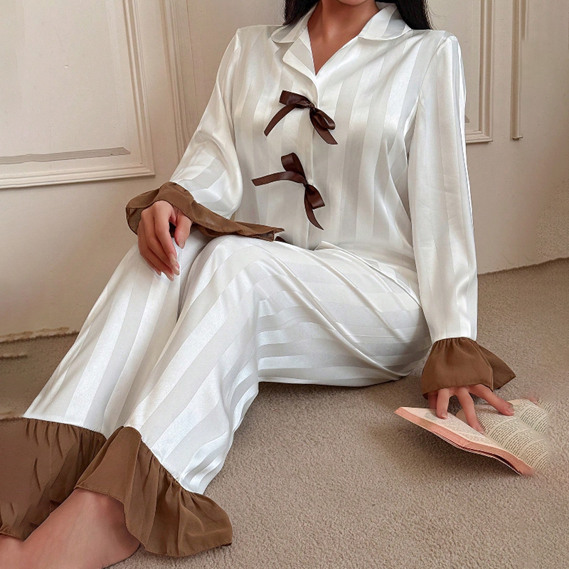 2025 New Women's Spring and Autumn Silk Colorful Wide Striped Color Block Lace Bow Long Sleeve Long Pants Pajama Set