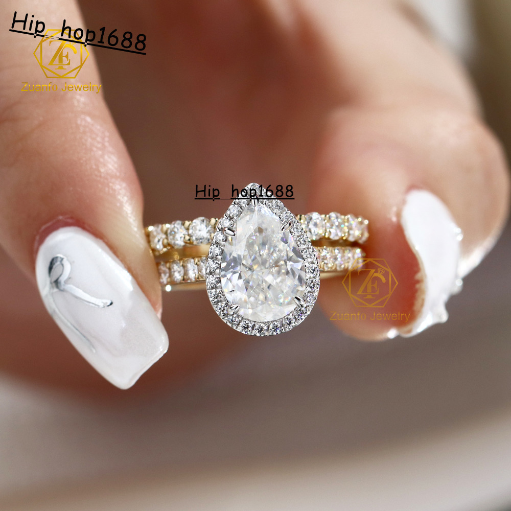 Romantic Women Fine Jewelry Ring Set 2ct Pear Cut 14k Solid Gold Moissanite Halo Ring Set for Wedding Engagement