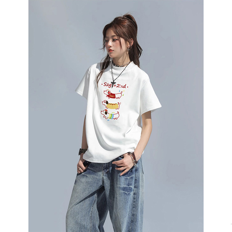 2025 Fashion White Short sleeved Women's T-shirt Loose Multi functional Cartoon Printed Short sleeved New Summer College Style Top New Designer T