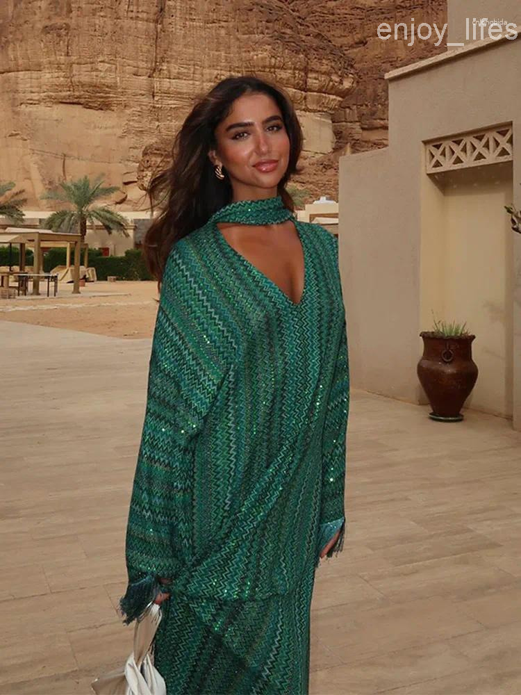 Casual Dresses Elegant Tassel Striped Long Dress Women One-shoulder Scarf Collar Asymmetrical Robe 2025 Summer Fringed Integrated Party