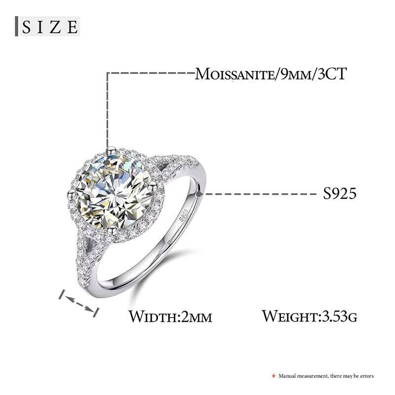 3ct 9mm Moissanite Ring Jewelry 925 Sterling Silver Moissanite Engagement Ring Pure Silver White Gold Plated Rings for Women