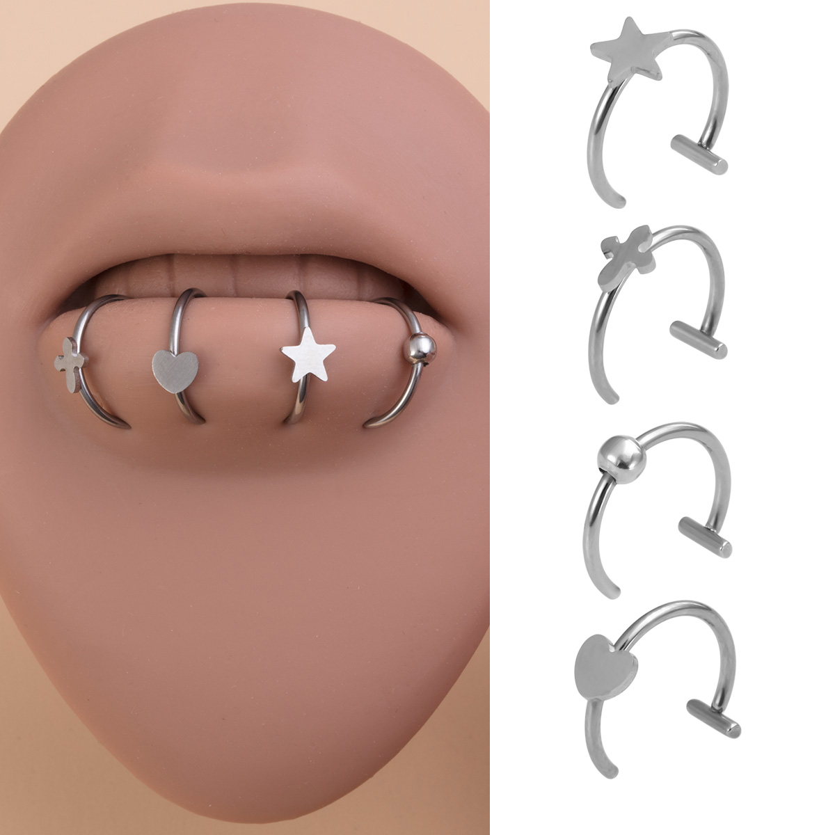 Love stainless steel cross lip ring, non perforated pentagram lip nail, human puncture jewelry, ear bone ring wholesale