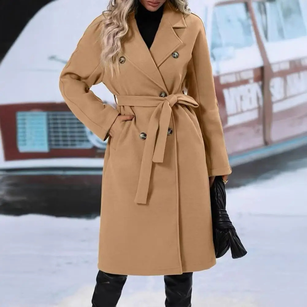 Womens Double Breasted Trench Coat Mid Length Wool Long Sleeve Notched Lapel Overcoat with Belt Fall Winter Outerwear 250730