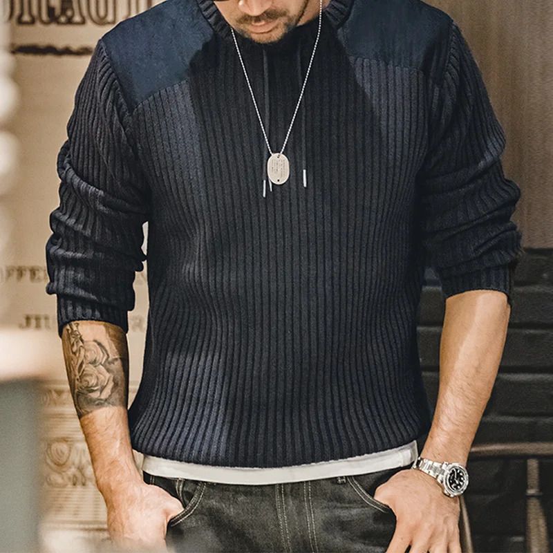 Maden Vertical Stripe Sweater ONeck Slim Fit Mens Retro Knitted Pullover Patch Stitching n Classic Sweaters Men Clothing 250731