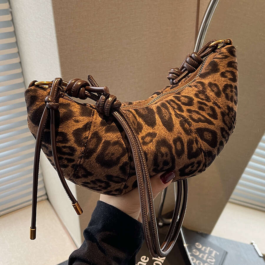 Crescent shaped shoulder bag with leopard print suede retro style cowhide rope decoration crossbody bag, fashionable and versatile daily street bag