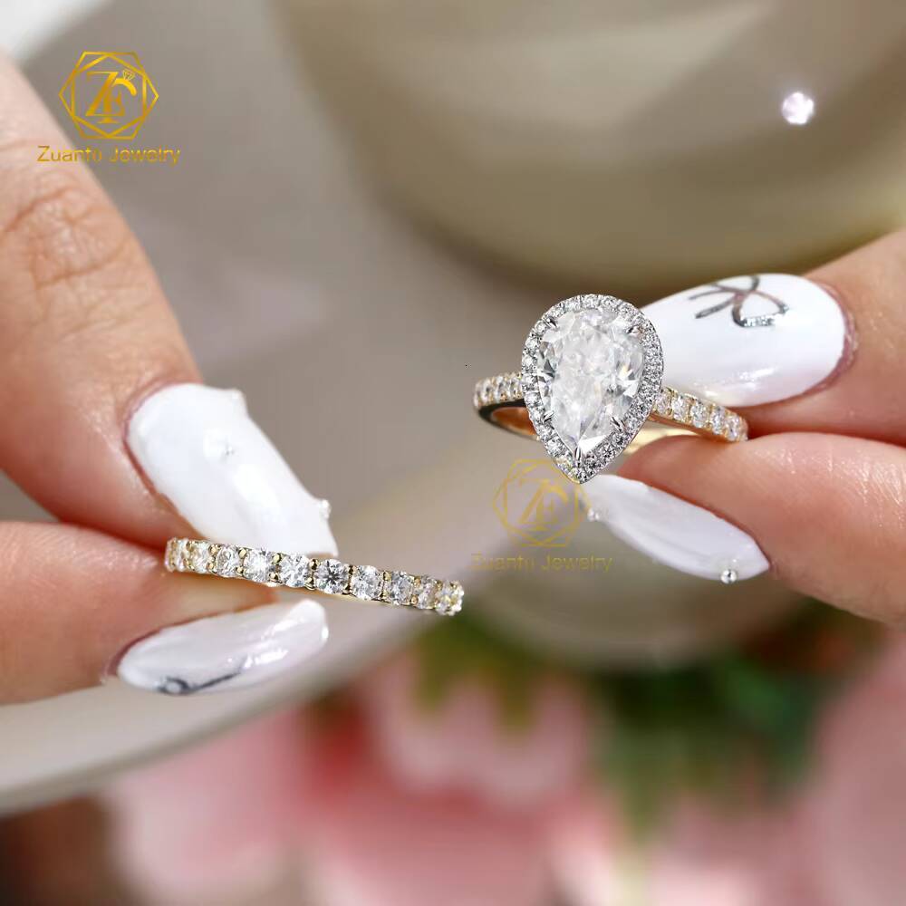 Romantic Women Fine Jewelry Ring Set 2ct Pear Cut 14k Solid Gold Moissanite Halo Ring Set for Wedding Engagement