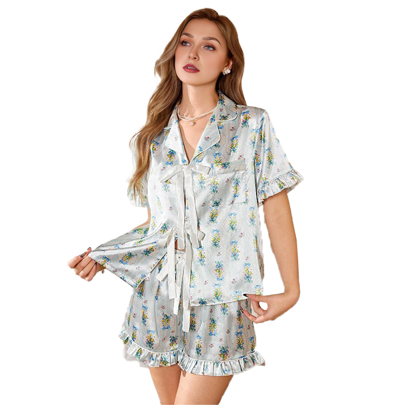 2025 New Women's Spring/Summer Silk Satin Blue Striped Flower Bow Tie Short Sleeve Short Pants Pajama Set