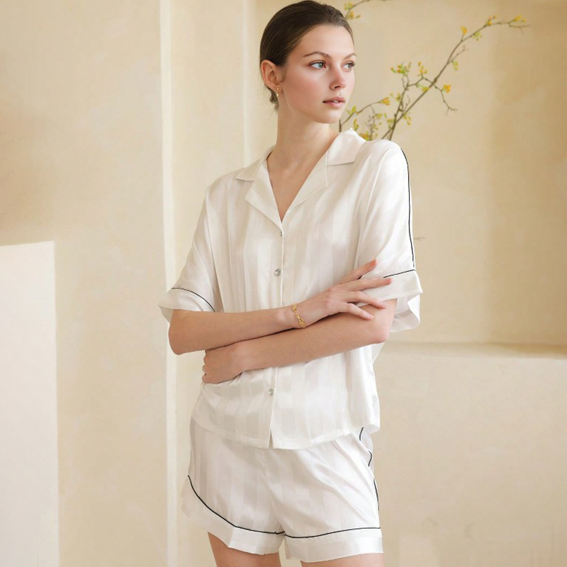 2025 New Women's Spring/Summer Silk Satin Striped Simple Short Sleeve Short Pants Pajama Set Homewear
