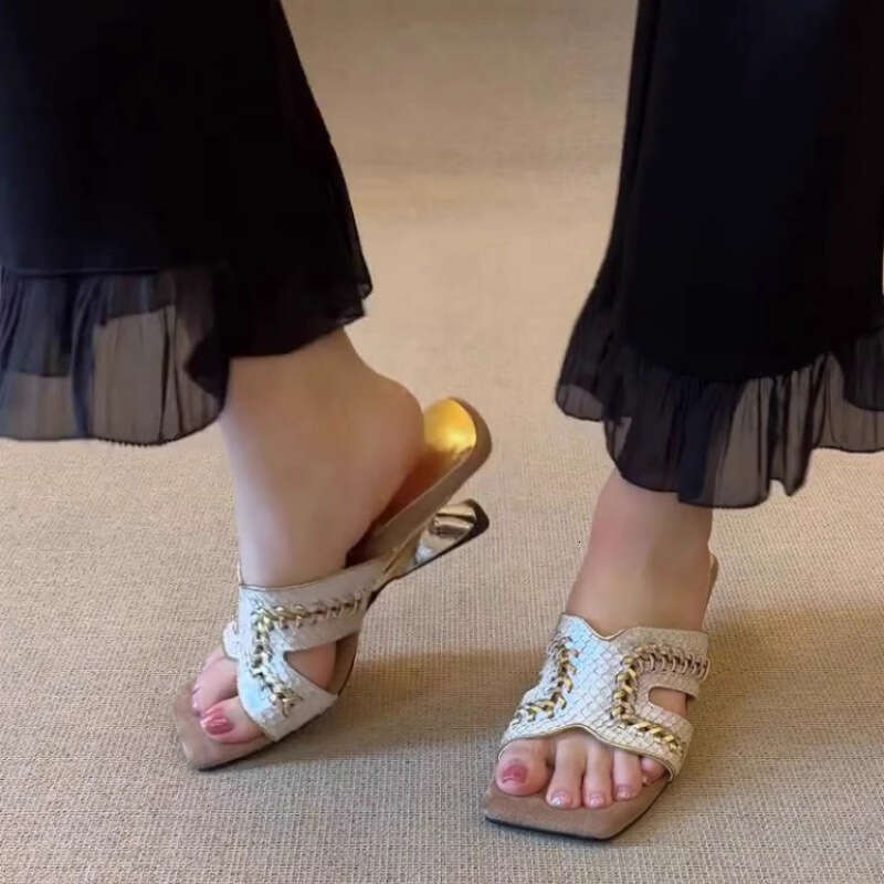 Sheepskin Version~ Wedge Woven Square Toe Slippers for Women Summer Outdoor Elegant Style Comfortable One-Strap High Heel Sandals