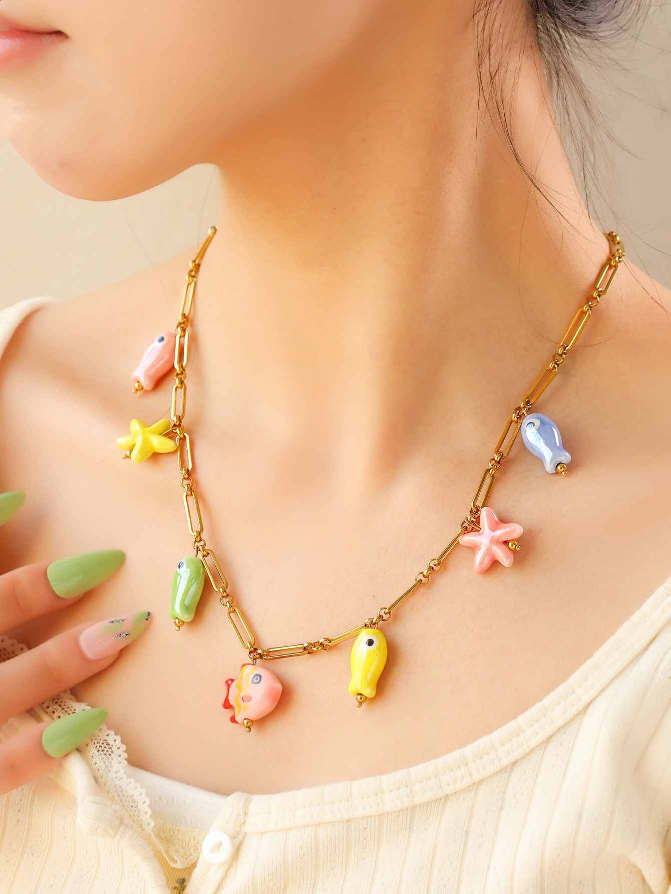 Fashion Stainless Steel Ceramic Starfish Fish Necklace for Women Girls Summer Beach Party Waterproof Cute Jewelry 250716
