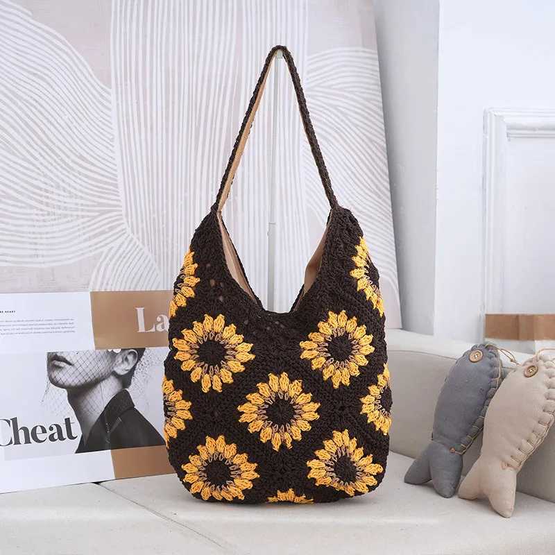 Women Shouder Bag Bohemian Straw Underarm Bag Summer Beach Woven Armpit Bag Hollow Flower Casual Crochet Tote Shopping Bags Y250730