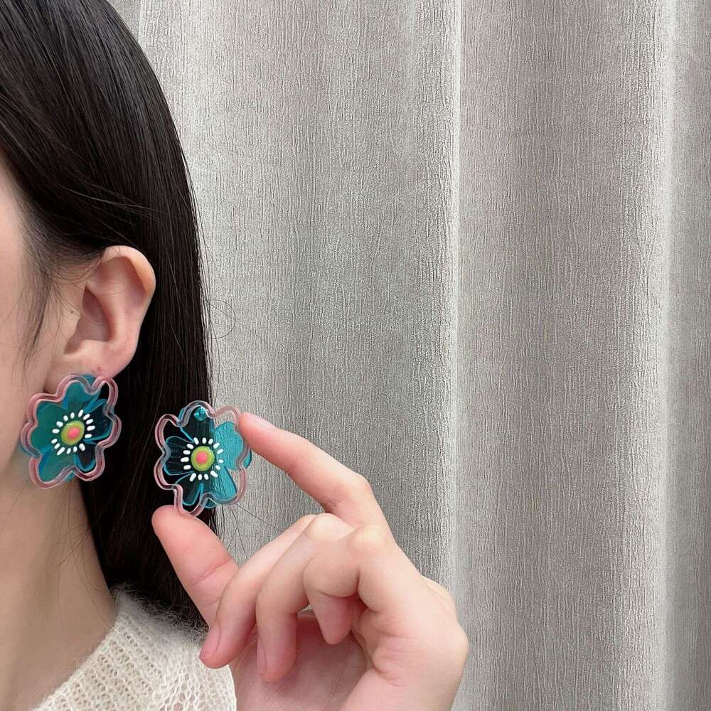Childlike Graffiti Style Acrylic Cartoon Hand-painted Flower Sky Blue Pink Two-tone 2025 Spring New Earrings 183